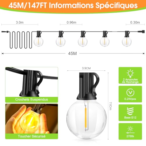 Guirlande lumineuse extérieure ampoules G40 LED dimmable 45M avec télécommande