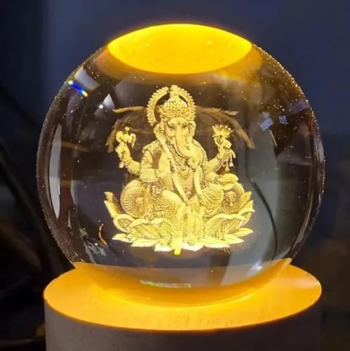 Image of STARKENDY3D Ganpati Crystal Ball LED Night Lamp, Creative Engraved Night Light Wooden Base, Warm White Decorative Table Lamp for Home, Office, Bedroom, Birthday Gift