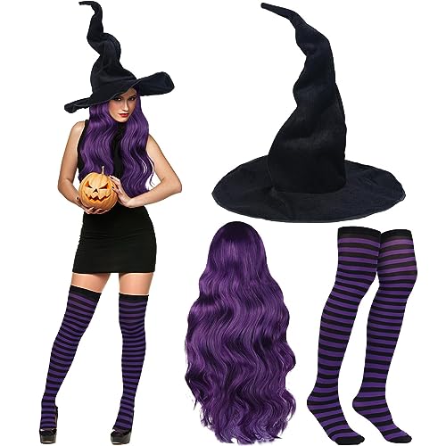 Booson 3Pcs Halloween Witch Costumes Set Black Pointed Witch Hat Dark Purple Cosplay Wig And Nylon Striped Stockings For Women Girl Halloween Cosplay Party Costume Accessory cover