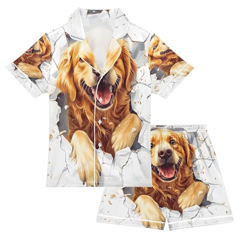 ALAZA Golden Retriever Puppy Dog White Satin Pajamas Set Short Sleeve Button Down Sleepwear Summer Pjs 2 Piece