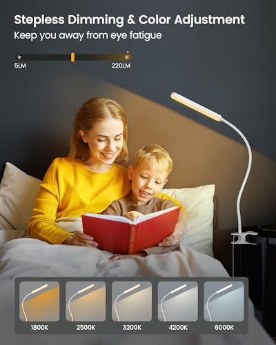 Image of Glocusent 38 LED Clip On Light: 5W Eye Caring Book Lights for Reading at Night - 5 Color & 5 Brightness with a Remote, 30-Min Auto Off Timer, Multi-Purpose Clip Lamp for Bed Reading /Studying /Working