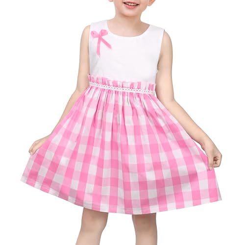 Sunny Fashion Girls Dress Pink Gingham Plaid Back Ribbon Lace Trim Cotton Summer Sundress Daily Outdoor Size 2-3 Years