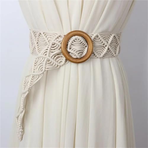 Decorative Belt Rope Hand-woven DIY Beach Dress Waistbands Accessories Belts Braided Belt Women Waist Chain Round Wooden Button(Beige)2