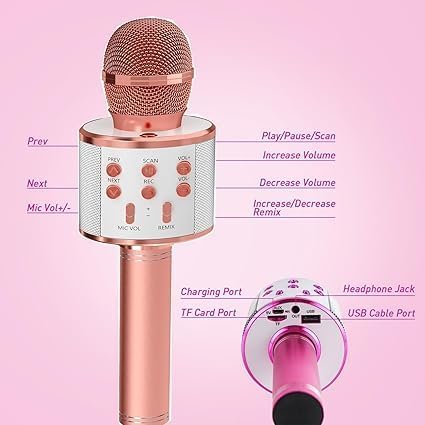 Image of Wireless Bluetooth Kids Karaoke Microphone with Speaker, Age 3-12 | Rechargeable, LED Lights, Voice Effects, Music Player, Portable
