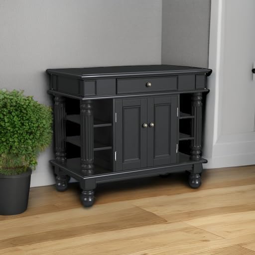 Americana Black Hardwood Kitchen Island with Shelves and Drawer