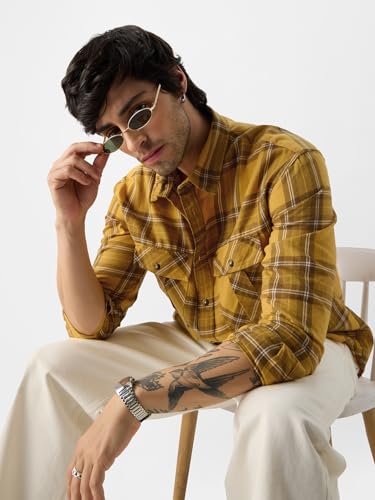 Image of The Souled Store Plaid: Mustard, Black and White Men Relaxed Shirts