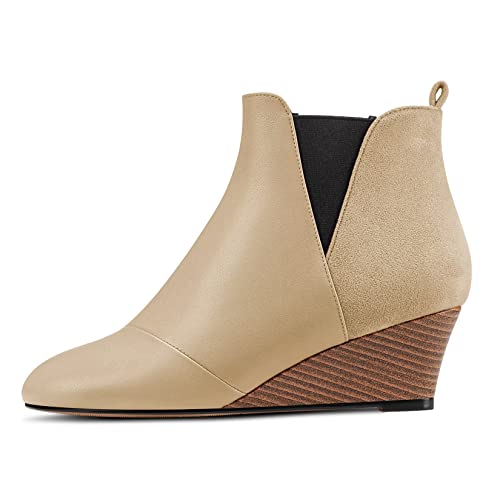 HDEUOLM Mujer Medio cuña esparto Heel Redonda Punta Botines Slip-on de Boda Cute 5 CM Heels Zapatos Oro 39 EU