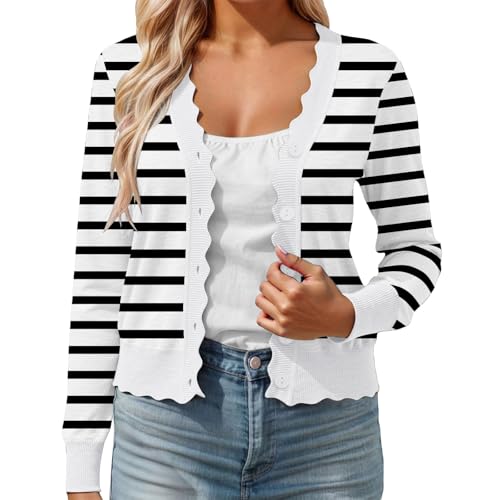 DUHENWU Cárdigan a rayas para mujer, cuello en V, abrigo de punto, elegante, cárdigan con botones, suéter de punto, chaqueta ligera e informal para mujer, cárdigans de otoño e invierno, O blanco., L