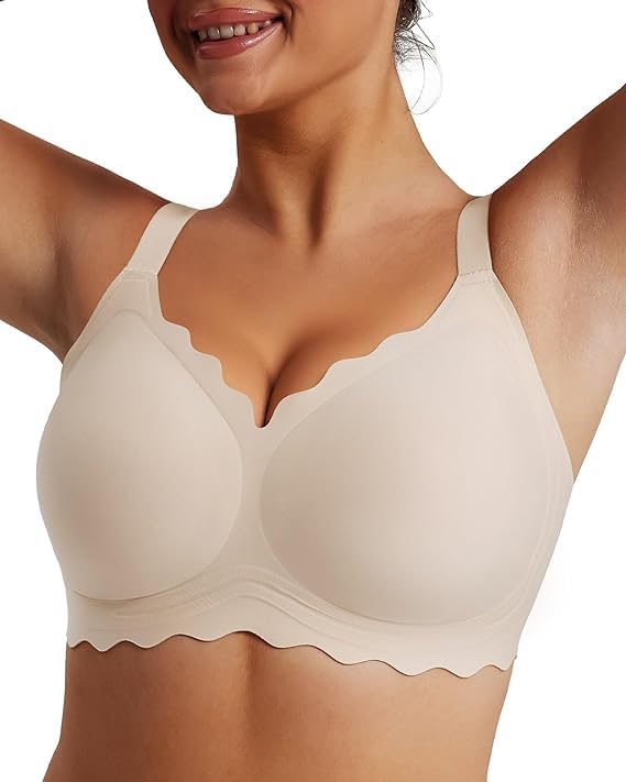 Womens Full Coverage Wire Free Bra - Plus Size Bras with Support and Lift Scalloped Everyday Comfort Bralettes
