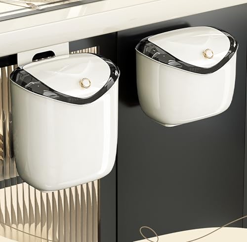 Image of House of Quirk Plastic Hanging Trash Can With Lid, Open Lid Design, Dual Sided Cabinet Door Hanging Wall Storage Bucket for Kitchen (7 Litre, Cream)