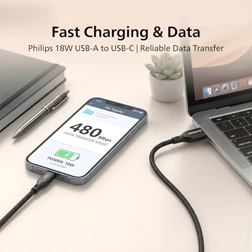 Image of PHILIPS DLC4150AB /94 18W Type-A to Type-C Fast Charging Cable (1.5m, Dark Slate) | Nylon Braided | Compatible with iPhone 15+ Series, USB-C iPad Models, Samsung Galaxy & All Type C Devices