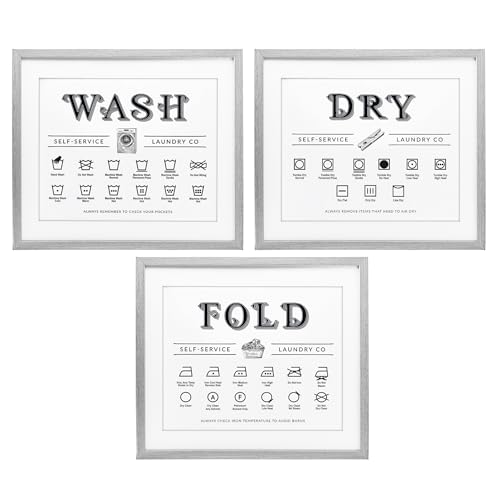 Stupell Industries Wash Dry Fold Practical Charts 3 Piece Gray Framed Print Under Glass Set design by Lettered and Lined, 13 x 16