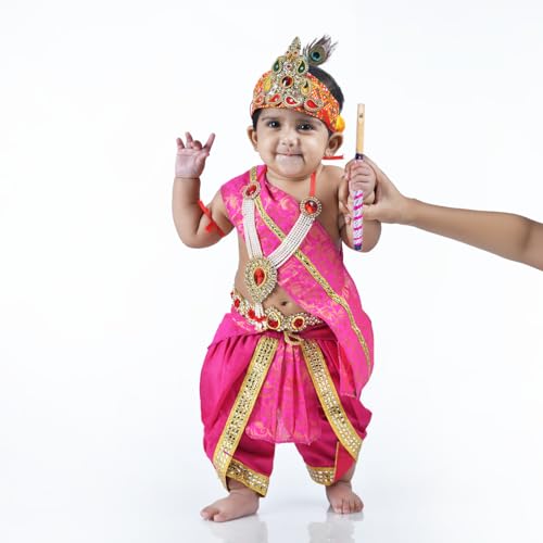 Image of ITSMYCOSTUME Krishna Dress for Baby Boy Kids Set of 10(Dhoti,Hip Cover,Patka,Mukut,Morpankh,Bansuri,Kamarband,Bajuband,Kundal) Little Krishna Ji Kanha Janmasthmi Costume