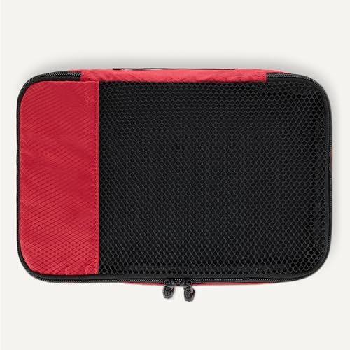 Image of Amazon Essentials 4-Piece Space-Saving Packing Cubes Travel Accessories Set, Luggage Organizer with Double Zipper, Mesh Top, Small, Red (Previously Amazon Basics)