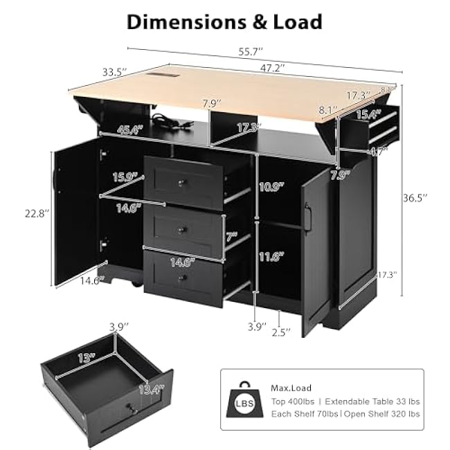 55.7'' Large Kitchen Island with 2 Drop Leaf, Rolling Kitchen Cart on 5 Wheels with Power Outlet, Folding Storage Dining Table-UYi8fM4W