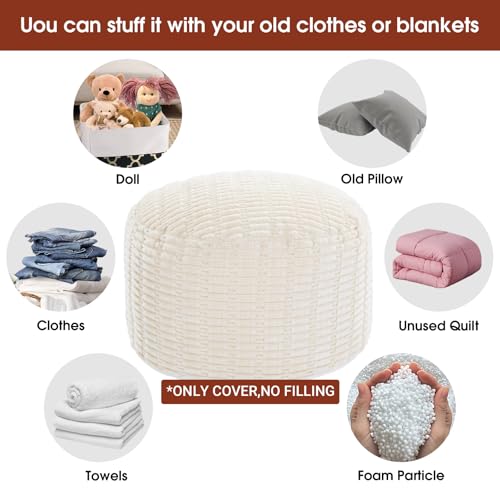 HOMBYS Unstuffed Ottoman Pouf Cover,Round Faux Fur Foot Stool, Fuzzy Chair, Floor Bean Bag(No Filler),Foot Rest with Storage for Living Room, Bedroom, Office, Striped Tufted (Beige) - Thumbnail 4