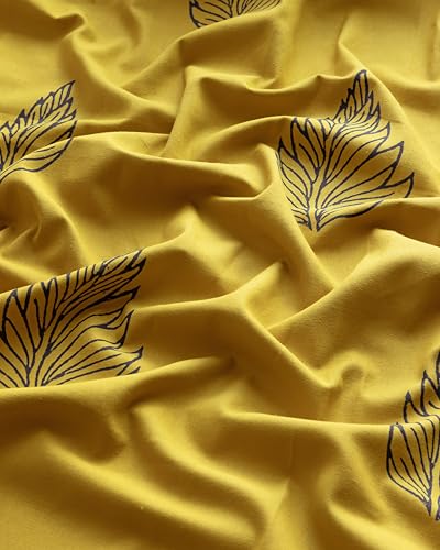 Image of THE LINEN COMPANY Cotton Duck Canvas Curtains 6 Feet Long, Printed Leaf Curtains for Door & Window, 6ft Set of 2, Blue Leaf on Mustard
