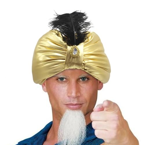 Photo de Aladdin Turban Hat, Golden Turban Indian Sultan Turban Chats, Sultan King Hat Catch avec Plume, Sultan Headpiece Aladdin Costume Arabe Costum Accessoires, pour Hommes Et Femmes, Adolescents