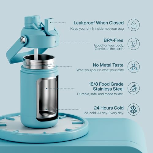Image of Kids Insulated Water Bottle with Straw - 12oz Stainless Steel Water Bottle with Dual Spouts, Leak-Proof, BPA-Free, Double Wall Vacuum Keeps Cold for 24 Hours for Sports, Travel, School (Pewter Blue)