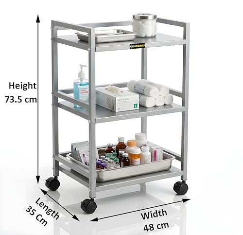 Image of Premium 3-Tier Hospital Trolley with 4 Wheels | Surgical Instrument & Equipment Cart for OT, Clinics & Hospitals (Silver)