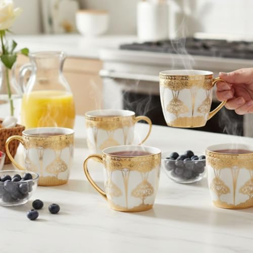 Image of Clay Craft Fine Ceramic Tea & Coffee Cups Set with Gold Detailing| 210 Ml Elegant Designer Cups for Home & Gifting | Premium Finish| Classic Pattern| Comfortable Handle