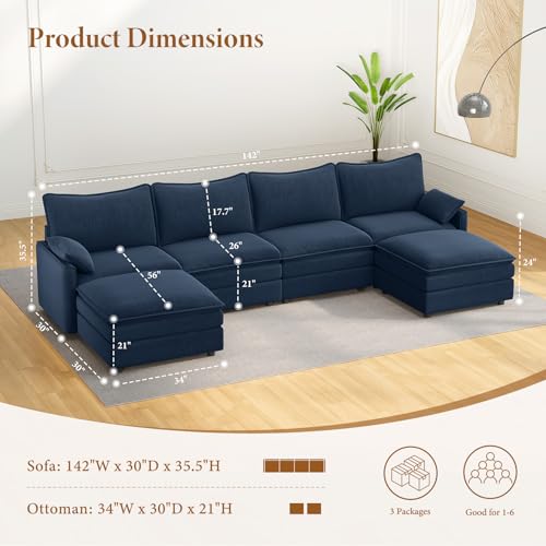 Image of Vesgantti 142 inch U Shaped Sectional Couch, Comfy Cloud Modular Sectional Sofa with 2 Ottoman Deep Seat Chenille Modern Cloud Sofa, Modular Sofas for Living Room, Bedroom and Apartment, Blue