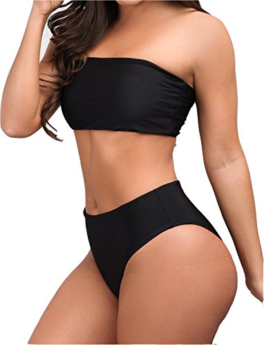FITTOO Women Bandeau 2 Piece Set Bikini Set Crop Top Solid Color Strapless Plus Size Swimsuit High Waist s Black