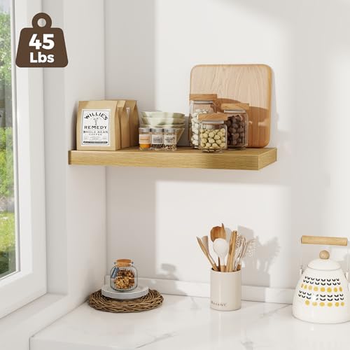 Image of Fun Memories 24 x 12 Inch Deep Floating Shelves, 12 Inch Deep Rustic Wooden Book Shelf, Extra Deeper & Thicker Hanging Shelves for Living Room, Bathroom, Bedroom, Kitchen, Office, Set of 2 (Oak)