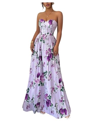 OYOANGLE Womens Summer Floral Wedding Guest Dress Jacquard Tube Sleeveless Pleated A Line Cocktail Party Prom Dress Purple M
