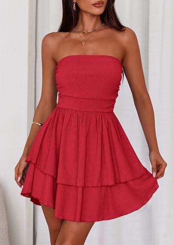 Image of PRETTYGARDEN Women's 2026 Summer Strapless Tube Mini Dress Off Shoulder Smocked Ruffle A Line Flowy Short Party Club Dresses