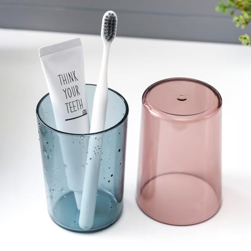 Image of WEZOSHINET Wall Mounted Toothbrush Holder for Bathroom - Stickable Brush Stand with Cover Tooth Brush & Paste Holder for Bathroom (4 Cups Toothbrush Holder)