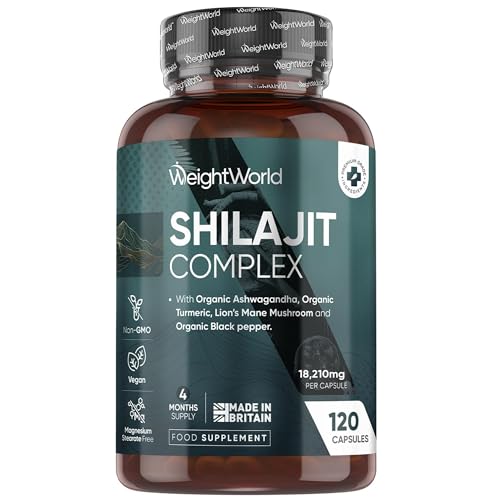 Shilajit Gelules 18210mg, Shilajit Himalaya Complexe 120 Gélules Vegan, Ashwagandha Bio, Curcuma Bio, Champignon Crinière de Lion et Poivre Noir, Riche en Acide Fulvique, Acide Humique et Minéraux