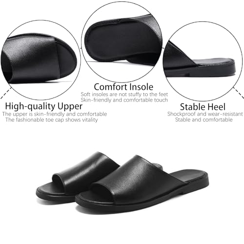 Men's Leather Flat Slides Sandals Comfortable Open Toe Slip On Soft Bottom Anti-Slip Walking Slippers Summer Indoor Outdoor Casual Beach Sandals3