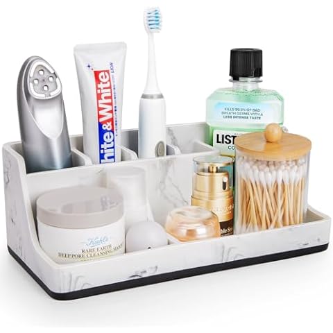 Toothbrush Holders for Bathrooms- Large 6 Slots Bathroom Countertop Organizer Drainage for Toothpaste Vanity Storage Sink Organizer Caddy White Resin of Marble Color Cover