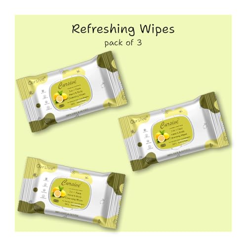 Image of Cursive Refreshing Face Wipes Daily Cleansing Facial Wipes 25 Each - Pack of 3 | with Lemon Mint & vitamin E | Mackup Removel Wipes | Paraben & Alcohol free With Lid