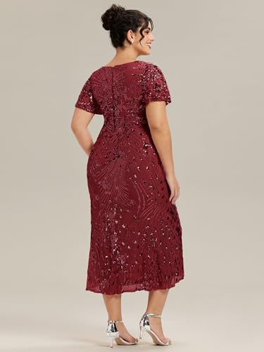 Image of Ever-Pretty Plus Women's Sequin V Neck Plus Size Prom Dress Mermaid Formal Cocktail Evening Dresses for Curvy Women