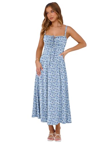 Image of YATHON Women's Summer Midi Corset Boho Dresses Spring Casual Floral Spaghetti Straps Lace Up Dress Flowy Aline Beach Sundress