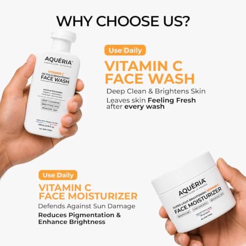 Image of Aqueria Vitamin C Brightening Skincare Combo | De-Tan Face Wash 200ml + 10% Vitamin C Face Serum 50ml + Super Light Brightening Face Moisturizer 100g | Niacinamide, Hyaluronic Acid | Glow, Hydration & Even Skin Tone | All Skin Types