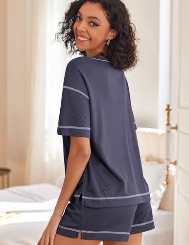 Image of Ekouaer Women's Waffle Knit Two Piece Lounge Set, Soft Matching Outfits for Daily Wear, Casual Shorts Set with Pocket
