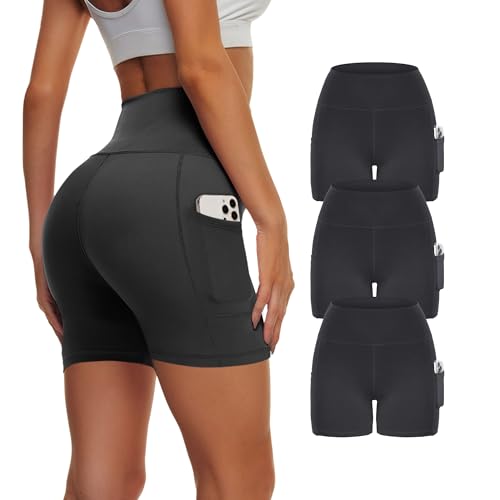 3 Pack Biker Yoga Shorts with Pockets for Women, High Waist Tummy Control Workout Running Gym