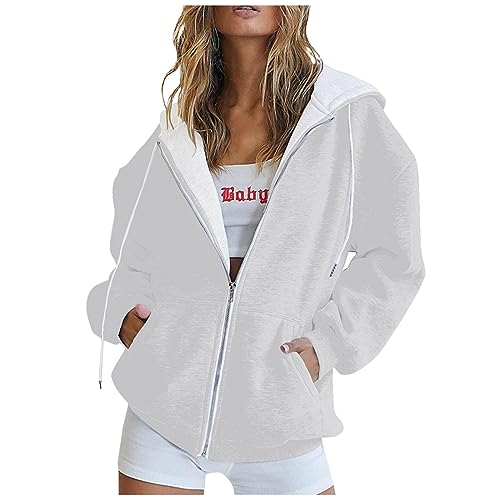 Genérico Sudaderas Mujer con Capucha y Cremallera, Hoodie Forro Polar Invierno Termica Jersey de Borrego Elegante Chaqueta Deporte de Manga Larga con Bolsillos Abrigo Entretiempo Blanco M