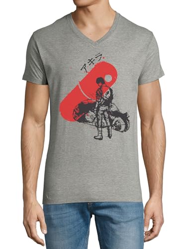 T-shirt anime 02 col en V en coton pour un look streetwear gris