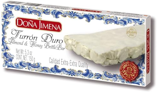 DOÑA JIMENA - Turrón Duro Extra con Almendra Miel y Clara de Huevo, Textura Crujiente, Típico Dulce Navideño Calidad Suprema Sin Gluten, Turrón Tradicional 150G