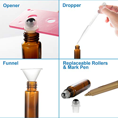 Roller Ball Bottle for Essential Oils 10ml 36 Pack, RUCKAE Essential Oil Roller Bottles, 36 Pack Amber Glass Roller Bottles with Stainless Steel Roller Balls, Openers, Droppers,Funnels Mark Pen