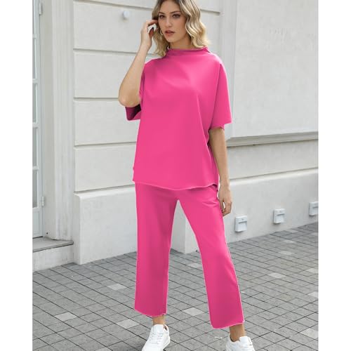 Image of SeeLuNa Women's Two Piece Outfits 3 /4 Batwing Sleeve Capelet Crew Neck Pullover Top Wide Leg Pants Lounge Set