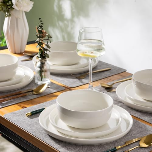Image of LERATIO Ceramic Dinnerware Sets for 8,Handcraft Wavy Rim Stoneware Plates and Bowls Sets,Highly Chip and Crack Resistant | Dishwasher & Microwave & Oven Safe Dishes set,Service for 8(24pc)-Pearl White