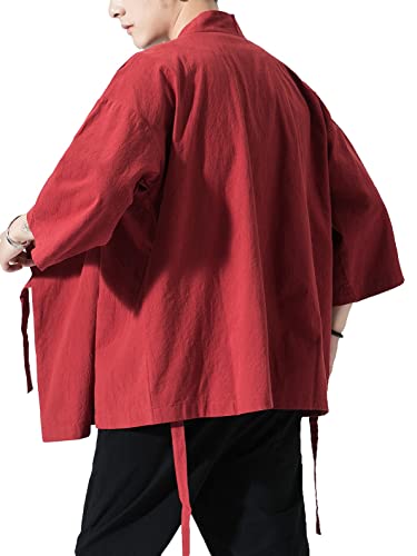 Image of Men's Japanese Kimono Cardigan Loose Cotton Linen 3 /4 Sleeve Open Front Casual Summer Shirt Jackets