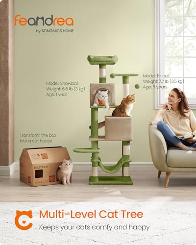 Image of Feandrea Cat Tree, 59.5-Inch Tall Cat Tower, Plush Multi-Level Condo with 5 Scratching Posts, 2 Perches, 2 Caves, Hammock, 2 Pompoms, Grass Green and Camel Brown UPCT192C03