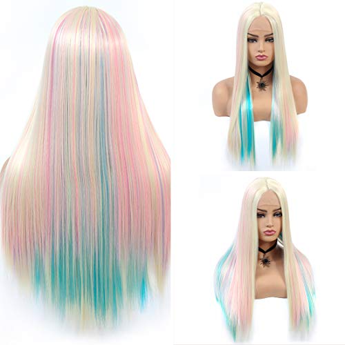 DDHAIR Ombre Colored Wigs for Women Rainbow Lace Front Wig Colorful Wigs for Women Stunning Colorful Straight Heat Resistant Synthetic Wig for Party and Daily Wear(28 inches)