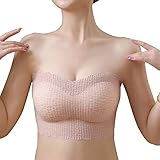 TOFBS Sujetador Bandeau sin Tirantes para Mujer Niñas Sujetadores de Encaje sin Aros Invisible Push Up Bra con Retirable Relleno y Tirantes (Beige,M)